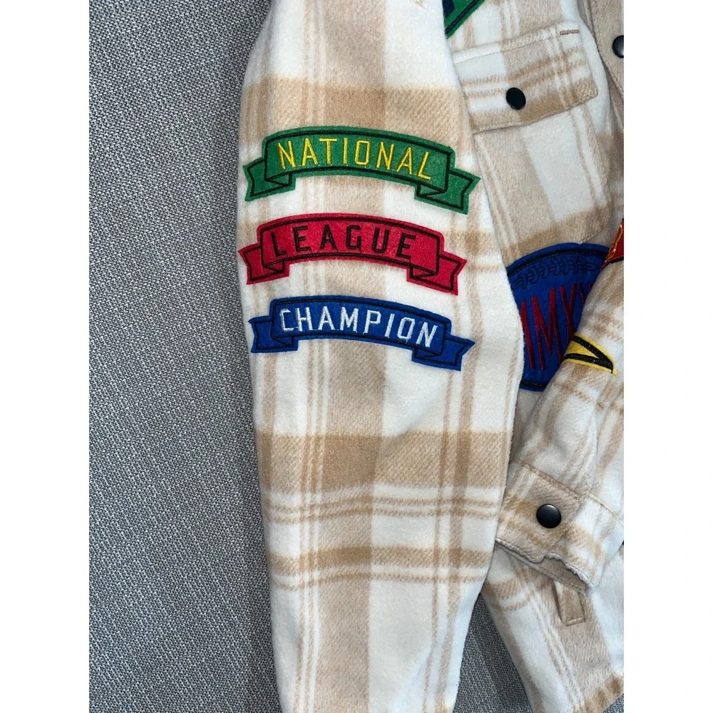 First Row Padding Shacket Mens Large Beige White Check Multi‎ Patches Wool Lined
